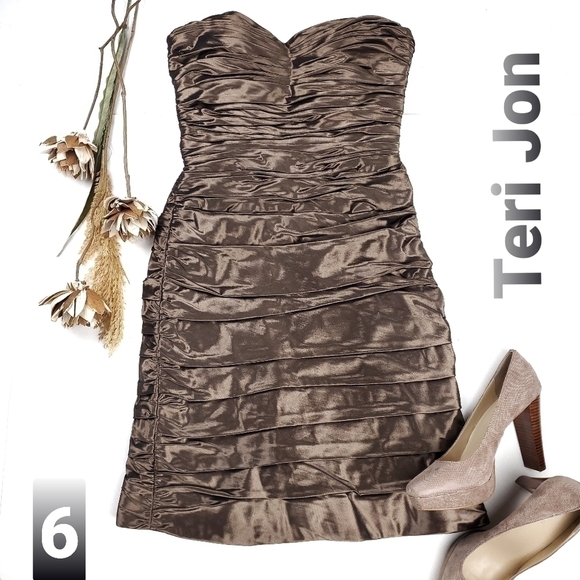 Teri Jon Brown Satin Formal Strapless Dress 6 - Picture 1 of 12